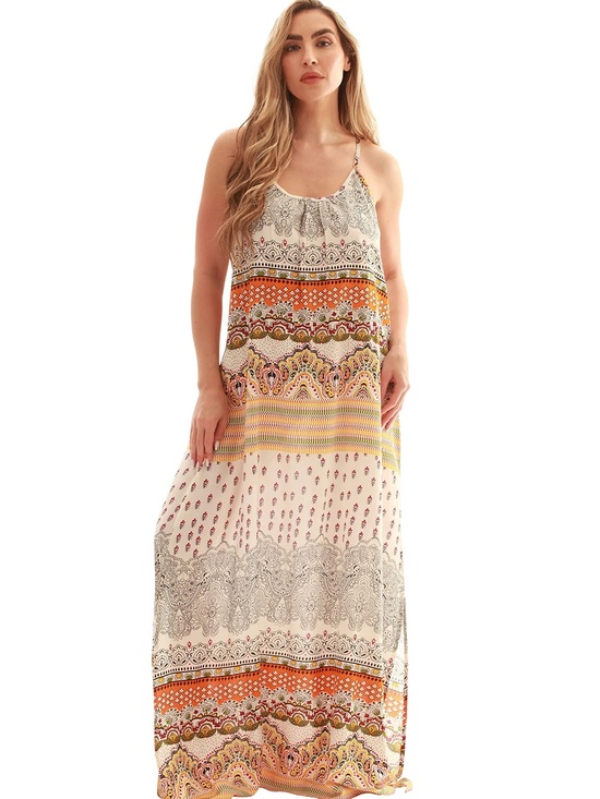 Riviera Sun Dresses & Skirts - Sleeveless Printed Maxi Dress in Cream and Orange size M NWT
